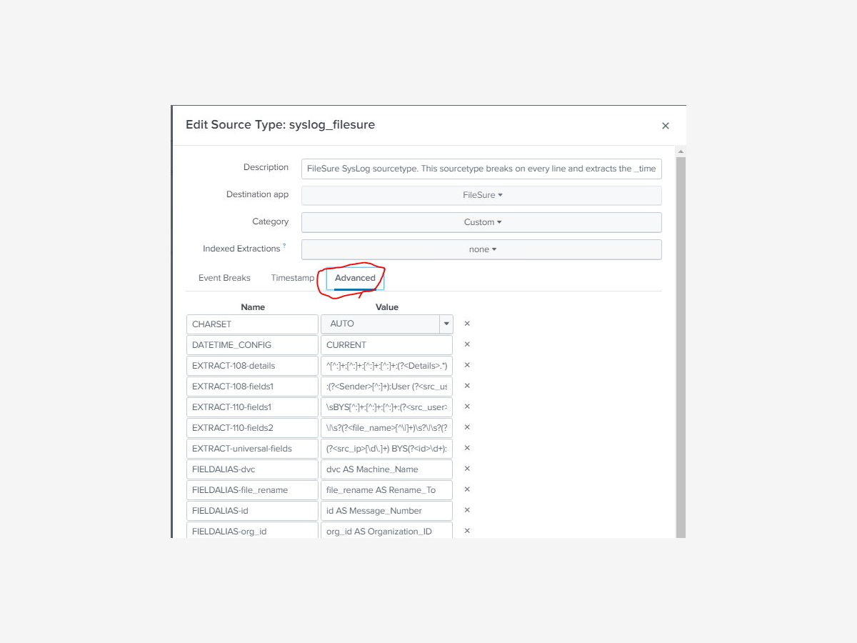 FileSure source type configuration in Splunk